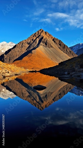 captures the serene beauty of a volcanic mountain reflected in a calm, crysta...
