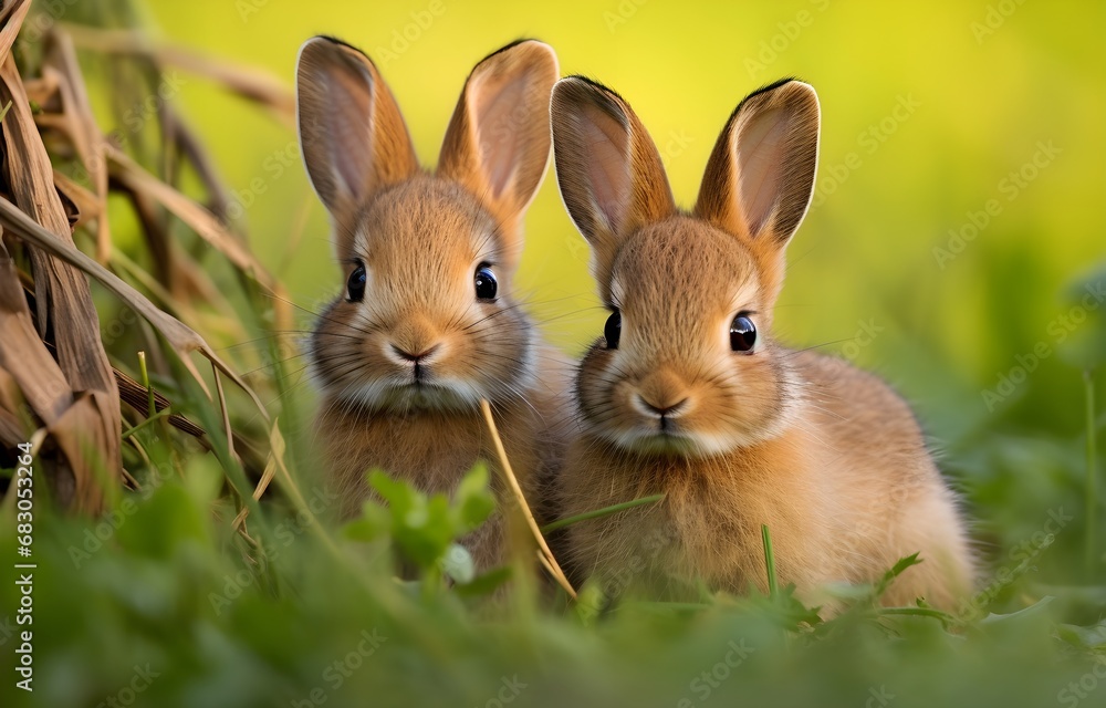 two baby hares in green summer wood grass Easter holiday card