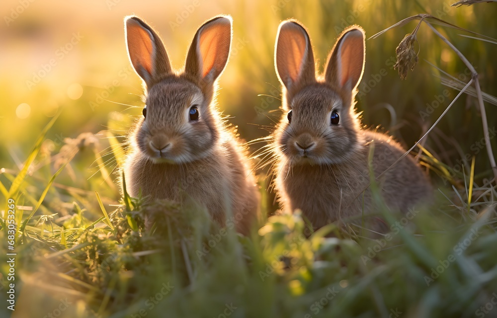 two baby hares in green summer wood grass Easter holiday card two baby hares in green summer wood grass Easter holiday card