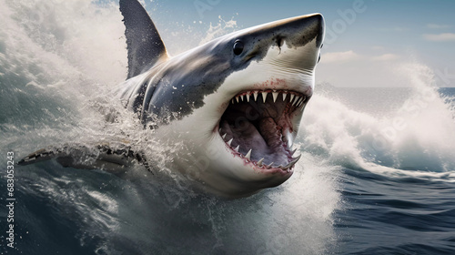 Great white shark jumping out of the water photo