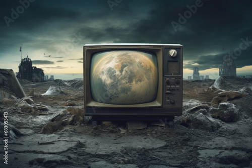 Retro TV set on abandoned surface. Television broadcasting in post apocalyptic world photo