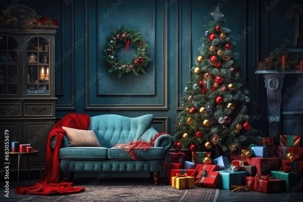 Christmas backdrop for photo studio, sofa, christmas tree and presents Christmas backdrop for photo studio, sofa, christmas tree and presents