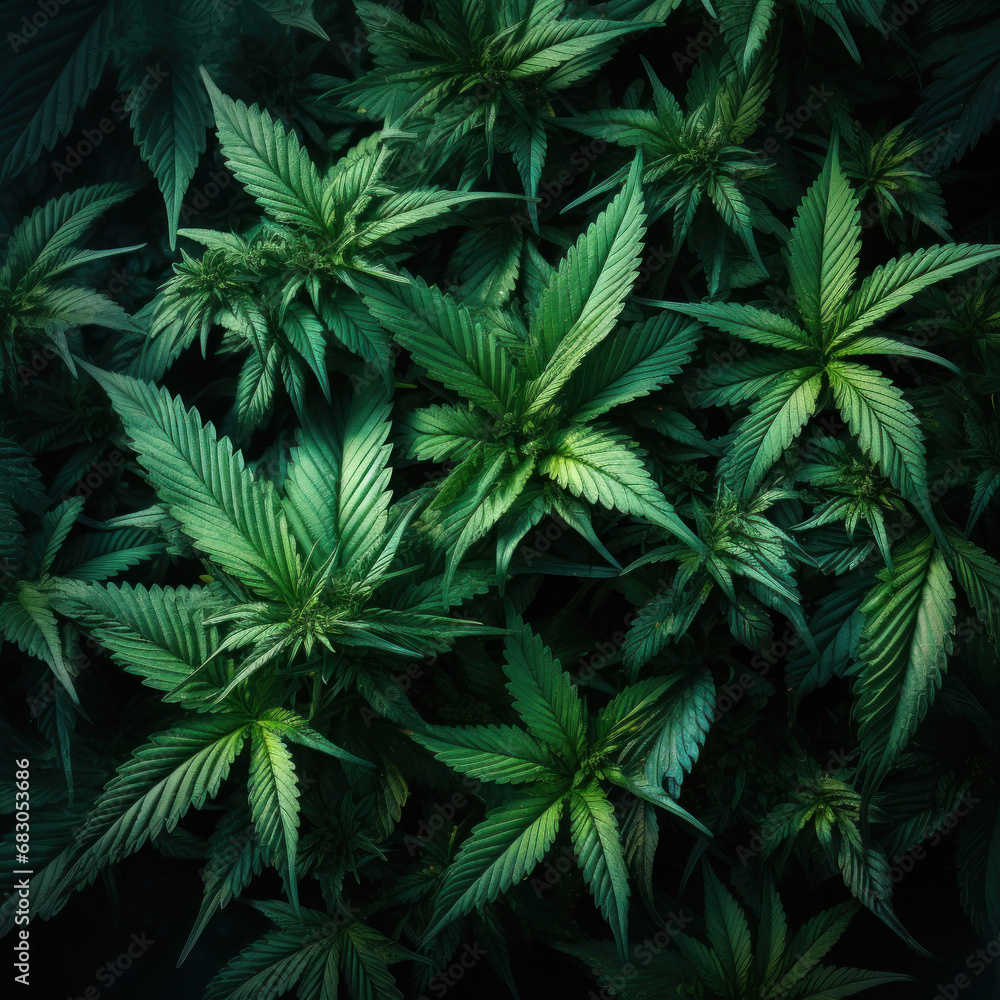 Green cannabis leaves on dark background. Medical marijuana bush - obrazy, fototapety, plakaty 