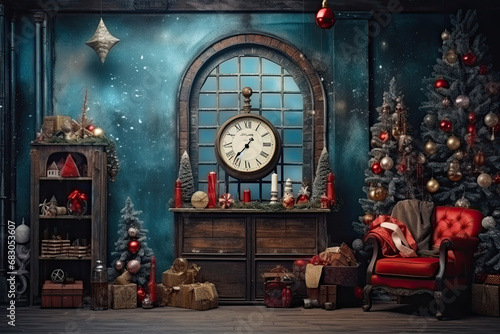 Christmas themed photo of a livingroom  with vintage decor and christmas trees photo