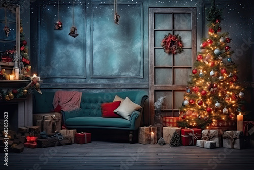 Christmas themed photo set with fireplacem christmas trees and lights © ITZELL