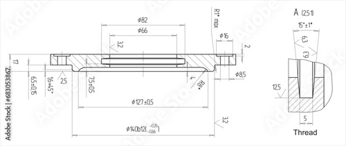 Vector engineering cad drawing of a mechanical part (steel wheel)
with through holes, dimensions.
Computer aided design of machine parts. Technical cad background.