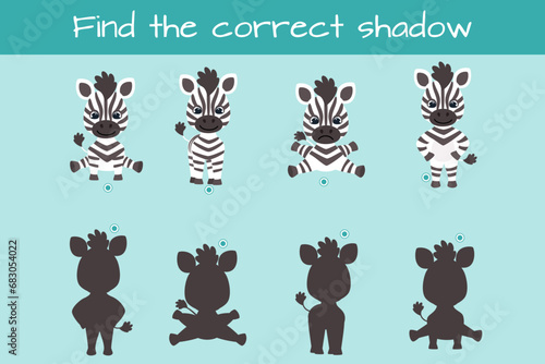 Find correct shadow. Kids educational logic game. Cute funny zebra. Vector illustration isolated on white background.