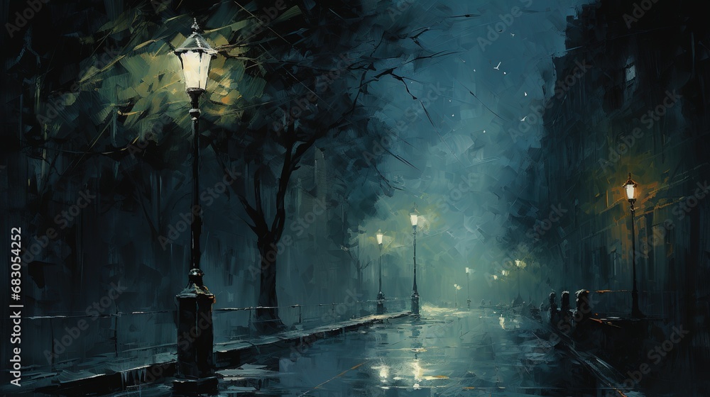 Solitude in the City: A Rainy Night in the Park Captured in a Painterly Style