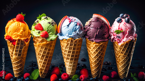 Colorful ice cream scoops in waffle cones with berries and mint on black background