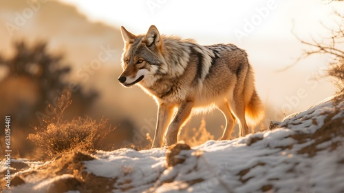 Coyote in Golden Sunrise Light on Mountain Ridge