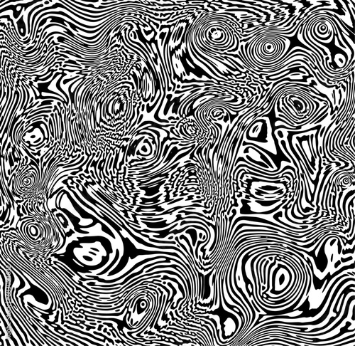 Black and white contrast abstract poster design with detailed realistic optical interference and liquid rippled effect. Illusion of movement.