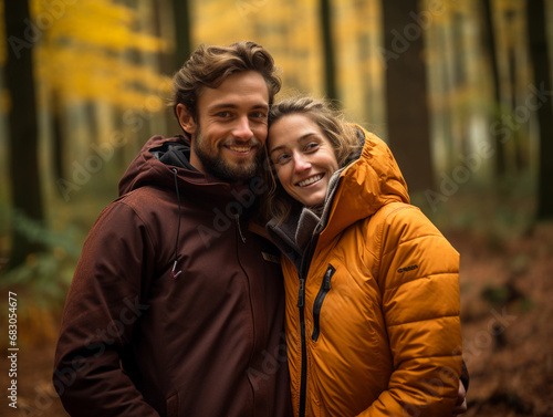 A couple's portrait in the heart of the forest during autumn, rich fall colors