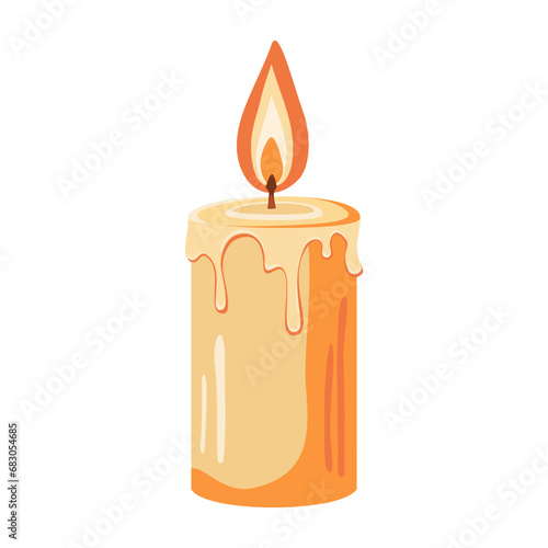 Burning wax candle. Candle icon or symbol. Burning candle isolated on white background.  Decorative holiday decoration. Flame symbol. Vector illustration. 