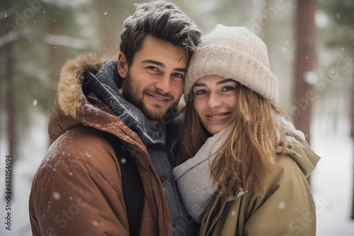 A cozy winter portrait of a couple in a snow-covered pine forest, bundled up in stylish winter wear, soft snowfall