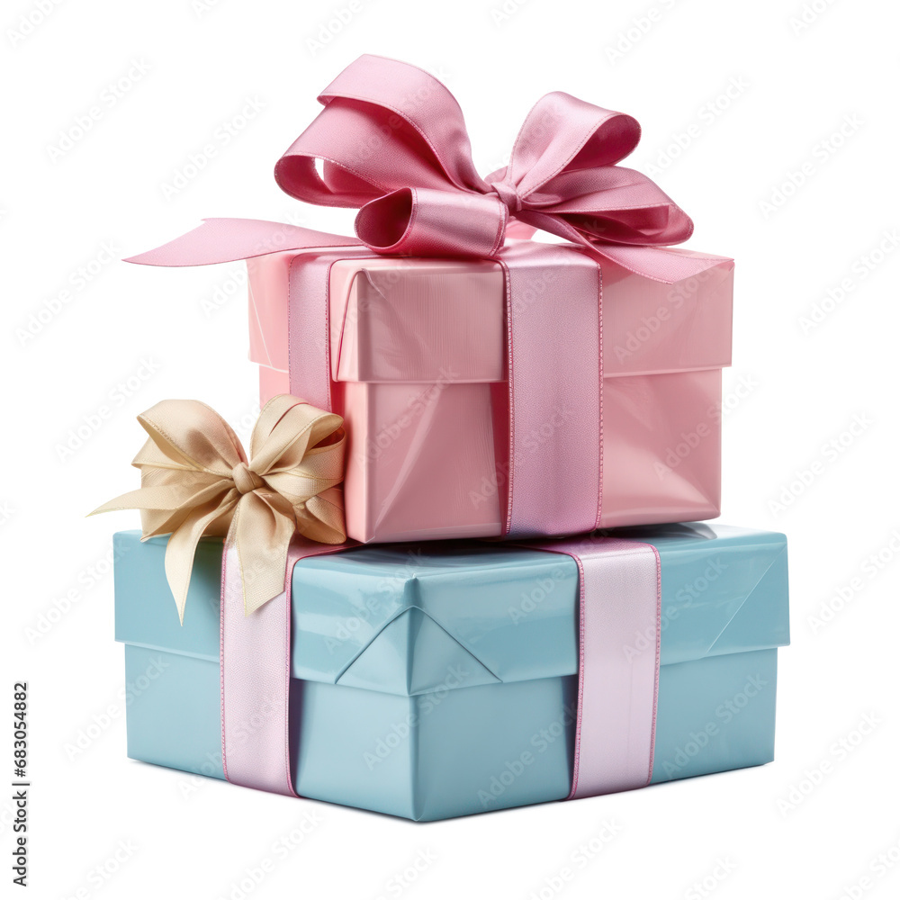 Obraz premium Gift box with ribbons bow, bright beautiful Christmas gift, isolated on a white background