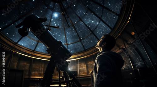 Astronomer in an observatory, gaze turned upwards, telescope pointing to the stars