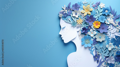 World Mental Health Awareness Day. Paper-cut woman's head and flowers on a blue background. ai generative photo