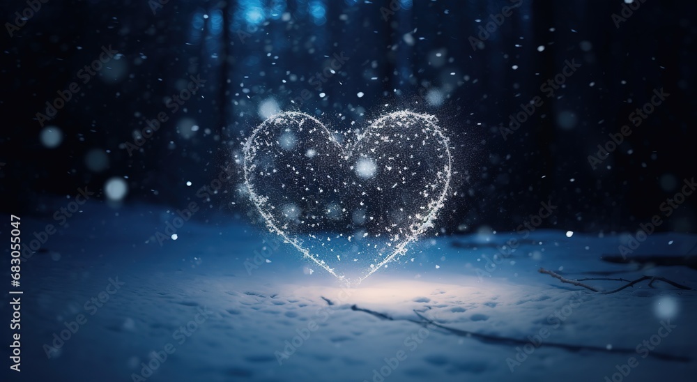 Beautiful winter scene of love and romance. The tree is the heart of Winter Wonderland. - obrazy, fototapety, plakaty 
