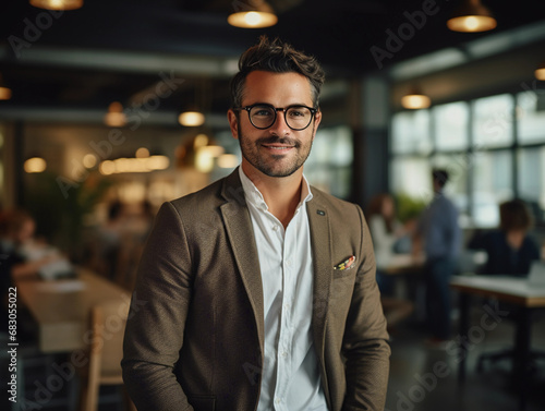 Innovative tech entrepreneur portrait, casual style with a smart blazer