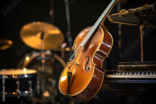 Jazz instruments for the band on the stage of the Music Hall Selective Focus