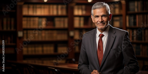 Portrait of a seasoned professional, distinguished gray hair, classic pinstripe suit, library backdrop with rich mahogany bookshelves