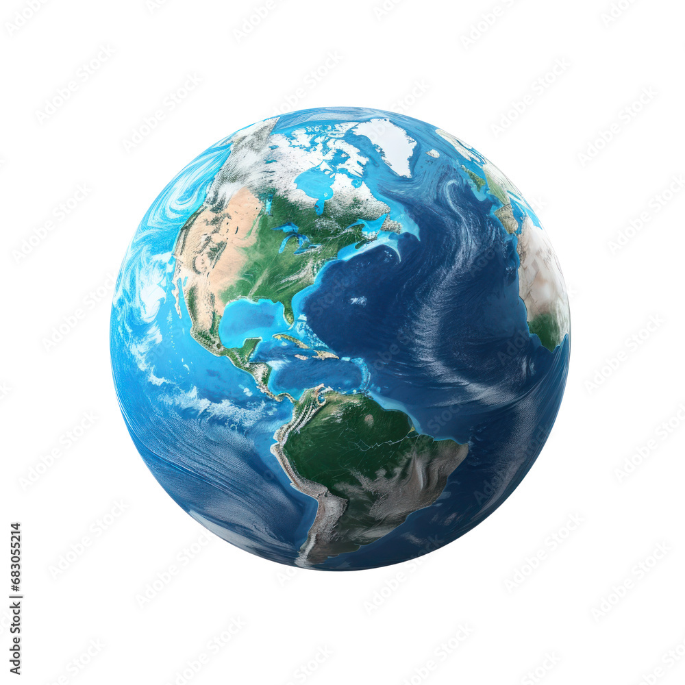 Artistic inaccurate representation of the continents and oceans of planet Earth isolated on a white background close-up - obrazy, fototapety, plakaty 