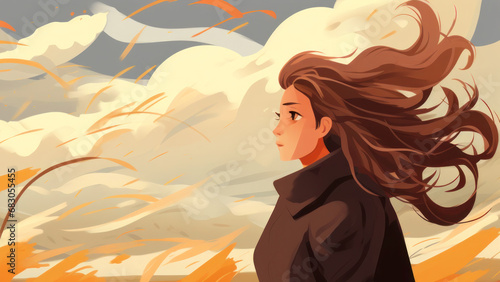 Girl walking in nature during strong wind and her hair developing flat illustration close-up