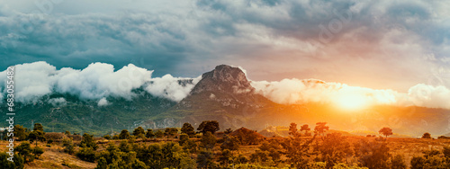 Beautiful panoramic mountain landscape at sunset in Northern Cyprus. Mountain scenic view. photo