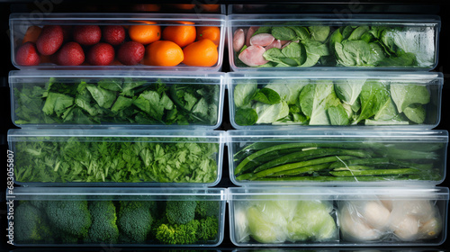 Frozen food in the refrigerator. Vegetables on the freezer shelves. ai generative