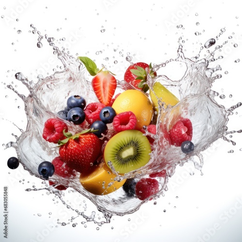 Fruits fall into the water. Creating fruity splashes. Commercial photography setting with a white background