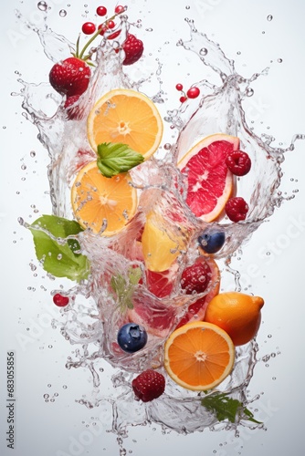 Fruits fall into the water. Creating fruity splashes. Commercial photography setting with a white background