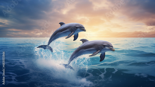 Dolphins jumping out of the water poster. ai generative