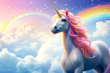 Unicorn on rainbow background. Fantasy unicorn in the sky.