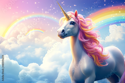 Unicorn on rainbow background. Fantasy unicorn in the sky.