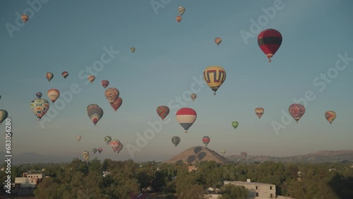 Hot Air Balloon Flying Above Pyramids of San Juan Teotihuacan Mexico Sunrise Ride photo