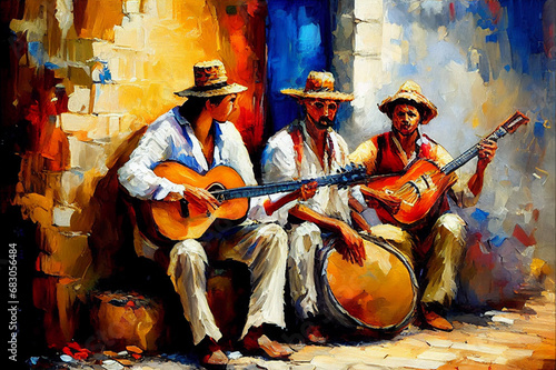 Sertanejo music perfomance digital illustration, musicians at the night street impressionism style painting, brasilian band with instruments festival photo