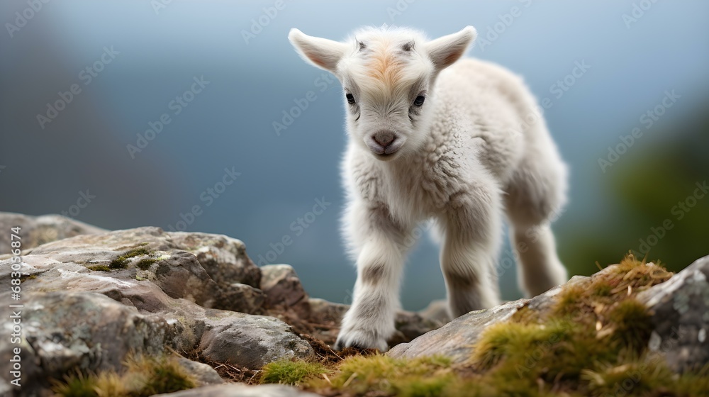 Curious Baby Mountain Goat on Rocky Terrain Curious Baby Mountain Goat on Rocky Terrain