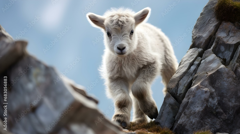Curious Baby Mountain Goat on Rocky Terrain