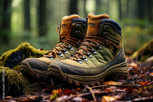 A pair of worn-out hiking boots resting on a mossy forest floor. Concept of outdoor adventures and nature exploration. Generative Ai.