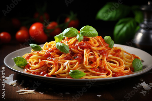 A delicious plate of spaghetti with a rich tomato sauce and fresh basil. Concept of Italian cuisine and culinary delight. Generative Ai.