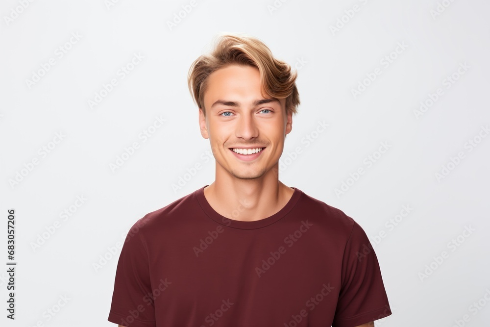 Handsome Fictional Male Model with Blue Eyes Smiling Candidly. Casual Clothes. Isolated on a Plain White Background. Generative AI. Handsome Fictional Male Model with Blue Eyes Smiling Candidly. Casual Clothes. Isolated on a Plain White Background. Generative AI.