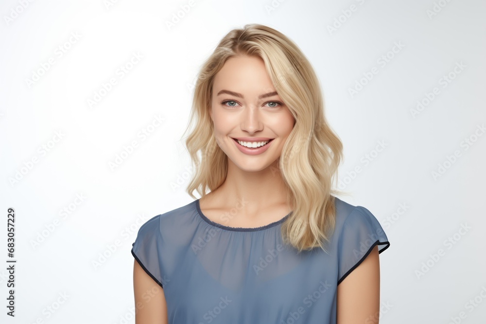 Pretty Fictional Blonde Female Model with Blue Eyes Smiling Candidly. Casual Clothes. Isolated on a Plain White Background. Generative AI. Pretty Fictional Blonde Female Model with Blue Eyes Smiling Candidly. Casual Clothes. Isolated on a Plain White Background. Generative AI.
