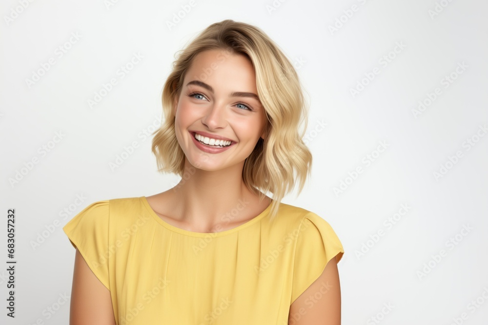 Pretty Fictional Blonde Female Model with Blue Eyes Smiling Candidly. Casual Clothes. Isolated on a Plain White Background. Generative AI. Pretty Fictional Blonde Female Model with Blue Eyes Smiling Candidly. Casual Clothes. Isolated on a Plain White Background. Generative AI.