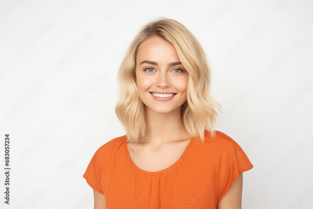 Pretty Fictional Blonde Female Model with Blue Eyes Smiling Candidly. Casual Clothes. Isolated on a Plain White Background. Generative AI. Pretty Fictional Blonde Female Model with Blue Eyes Smiling Candidly. Casual Clothes. Isolated on a Plain White Background. Generative AI.