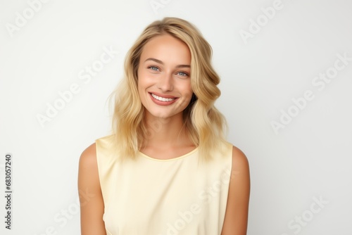 Pretty Fictional Blonde Female Model with Blue Eyes Smiling Candidly. Casual Clothes. Isolated on a Plain White Background. Generative AI.