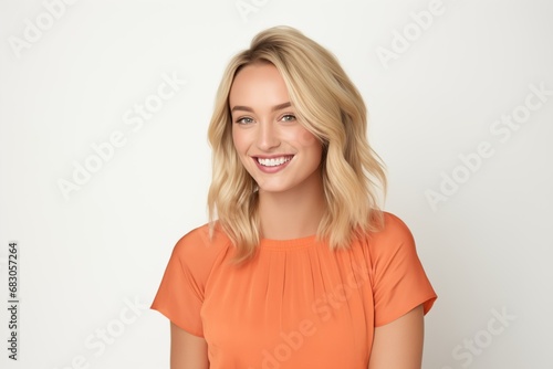 Pretty Fictional Blonde Female Model with Blue Eyes Smiling Candidly. Casual Clothes. Isolated on a Plain White Background. Generative AI.