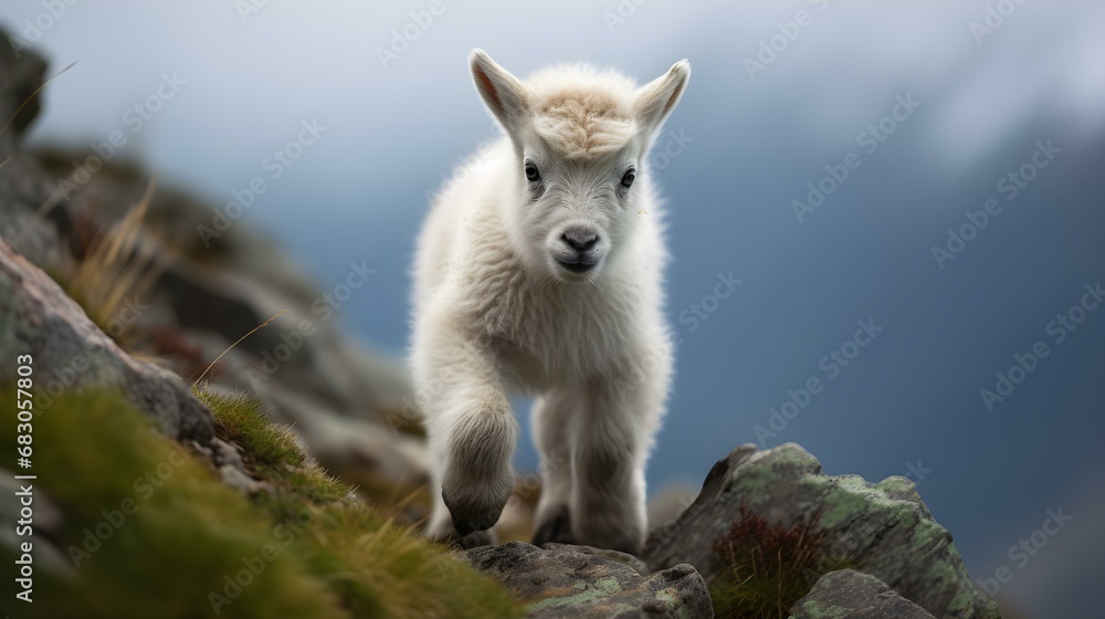 Obraz premium Playful Mountain Goat Kid on a Stony Path