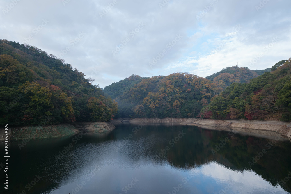 秋の紅葉に染まる神戸布引貯水池