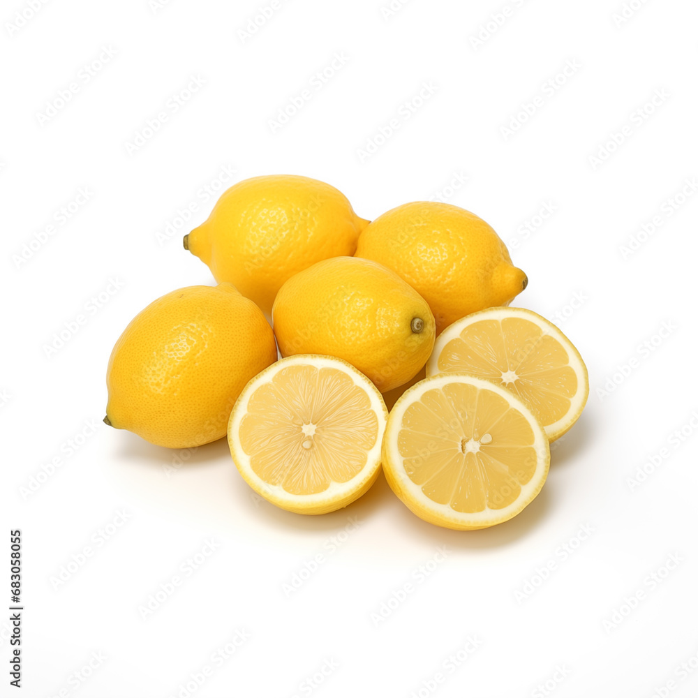 Fresh Yellow Lemons with Leafs, Isolated, Close-Up, White Background