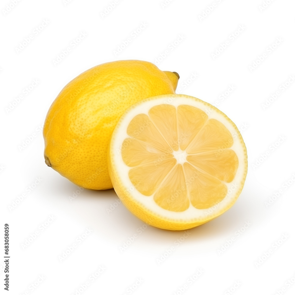 Fresh Yellow Lemons with Leafs, Isolated, Close-Up, White Background